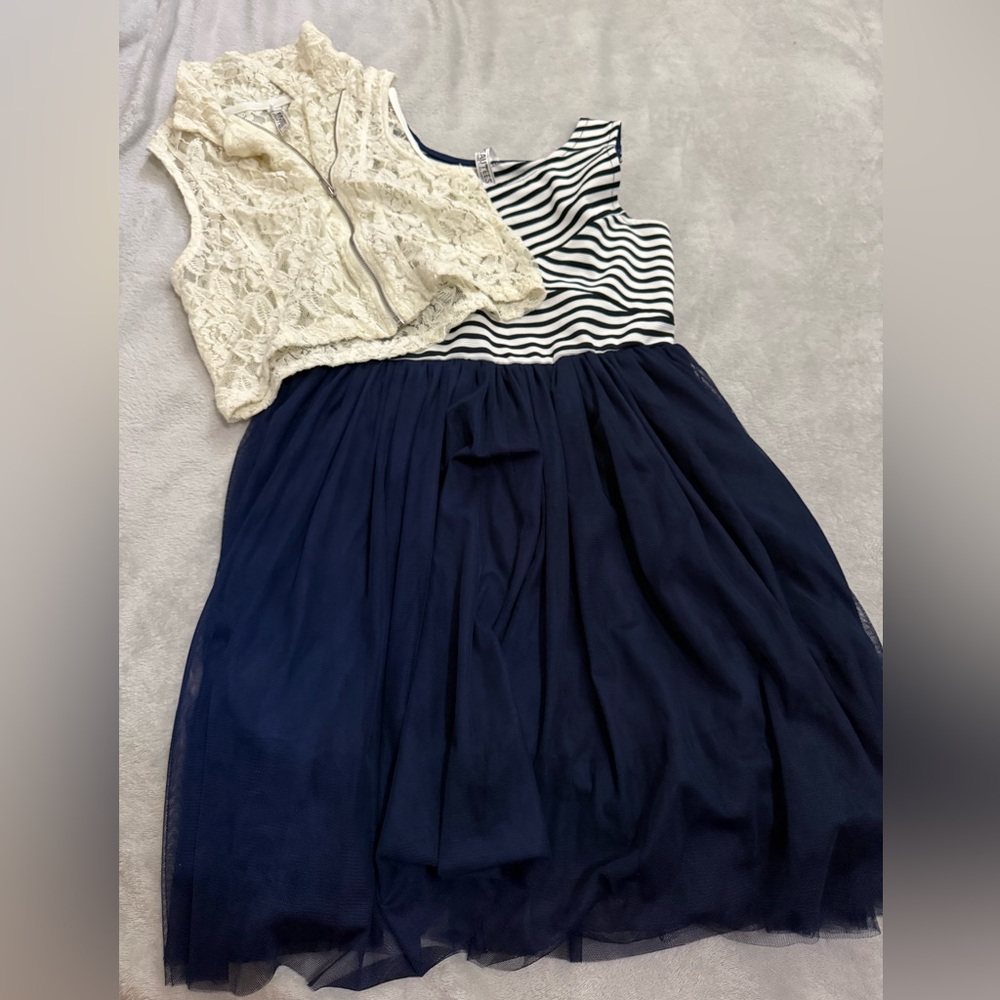 Beautees Navy and White Striped Dress with Lace Overlay